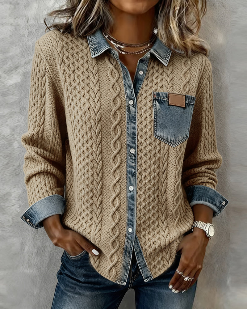 Long Sleeve Shirt with Denim Patchwork | Casual Cotton Blend Button Up Top | Regular Fit Shirt Collar Blouse for Daily Wear
