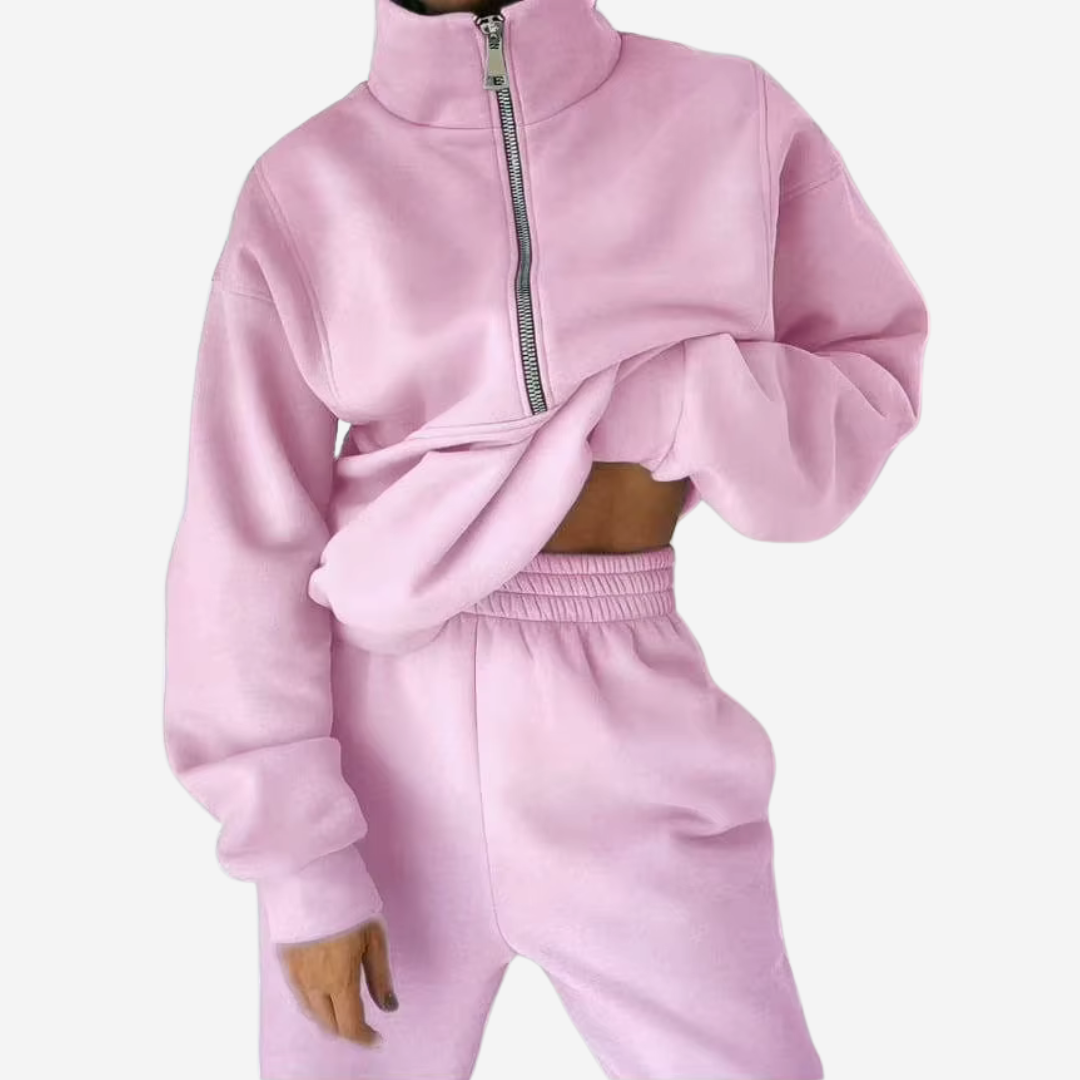 Set de trening din fleece cu fermoar pe jumătate pentru femei | Set de jogging din două piese, compus din hanorac și pantaloni de jogging | Set de îmbrăcăminte casual și confortabilă pentru acasă
