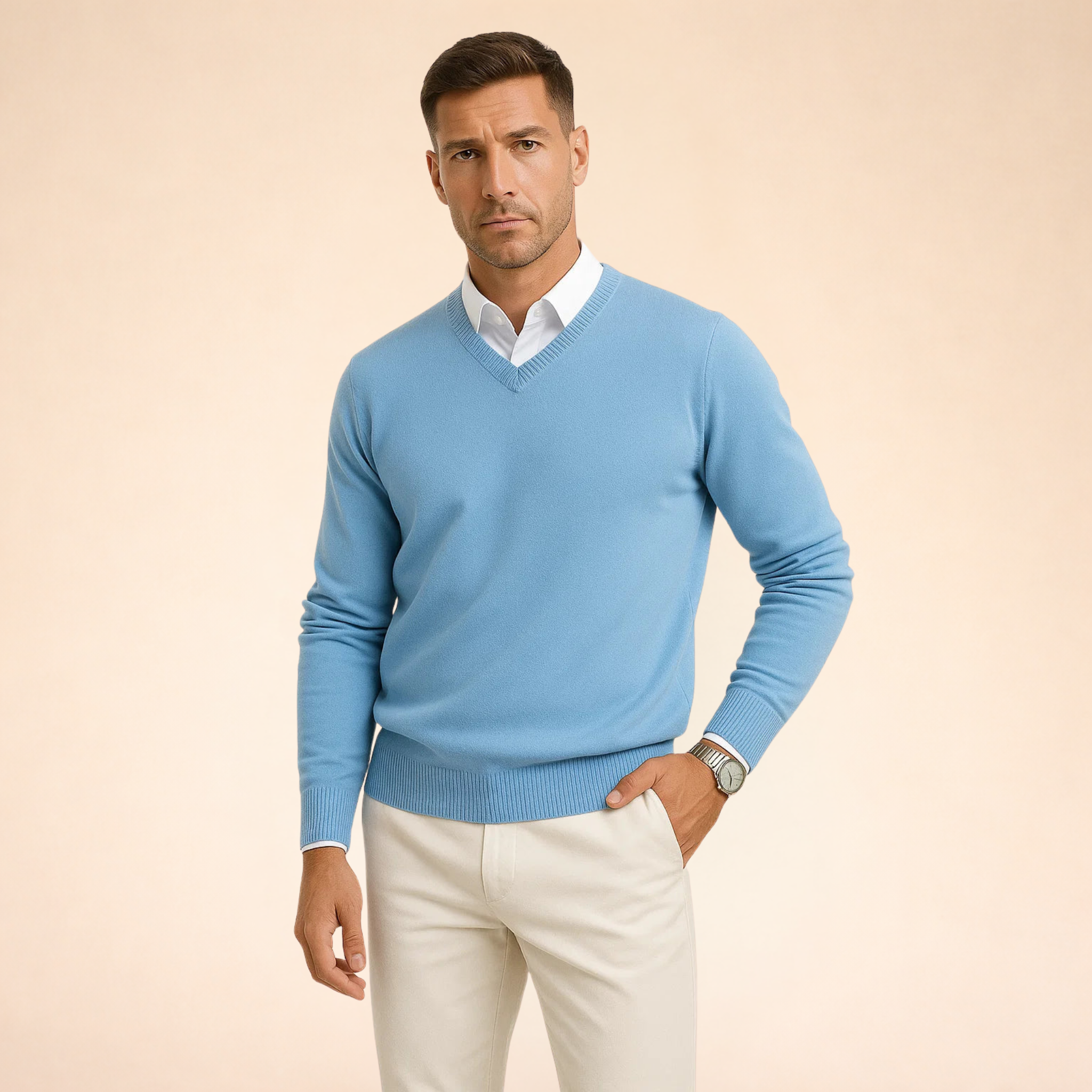 Pulover pentru bărbați cu guler în V din amestec de cașmir | Pulover cu croială slim și tricotaj fin | Pulover ușor, în stil business-casual, pentru uz zilnic