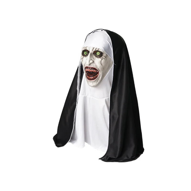 Strašidelná latexová halloweenská maska jeptišky s kapucí – hororový cosplayový kostým zakrývající celou hlavu na večírky a strašidelné domy