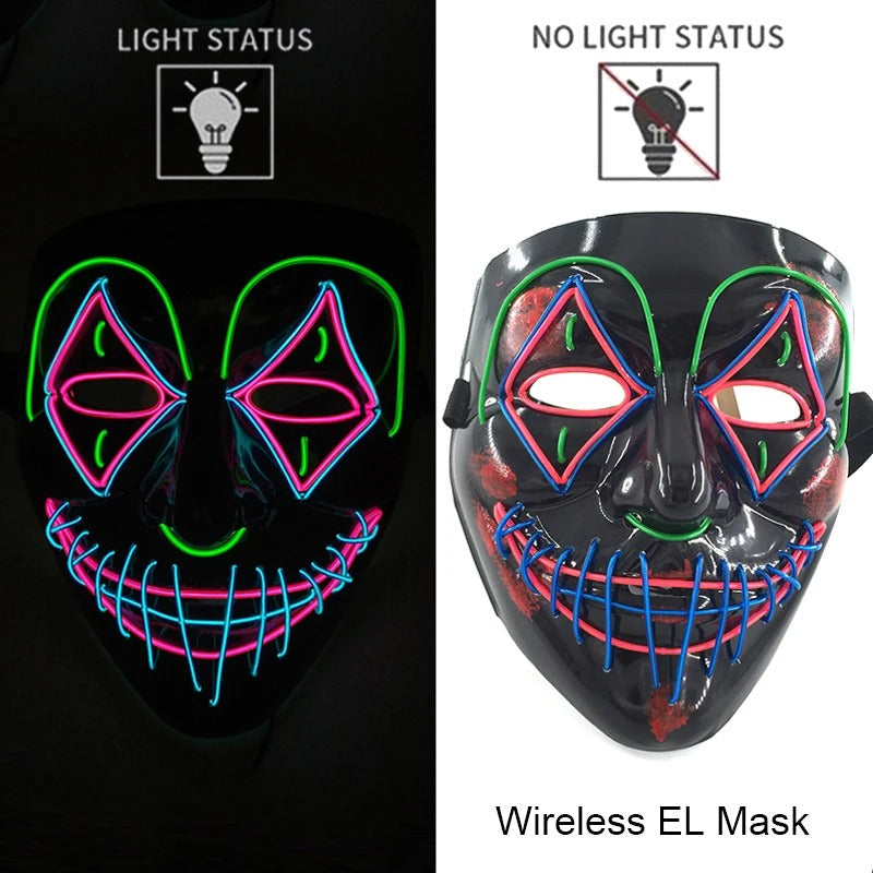Bezdrátová neonová LED maska na pročištění – maska na Halloween a cosplay, která svítí ve tmě