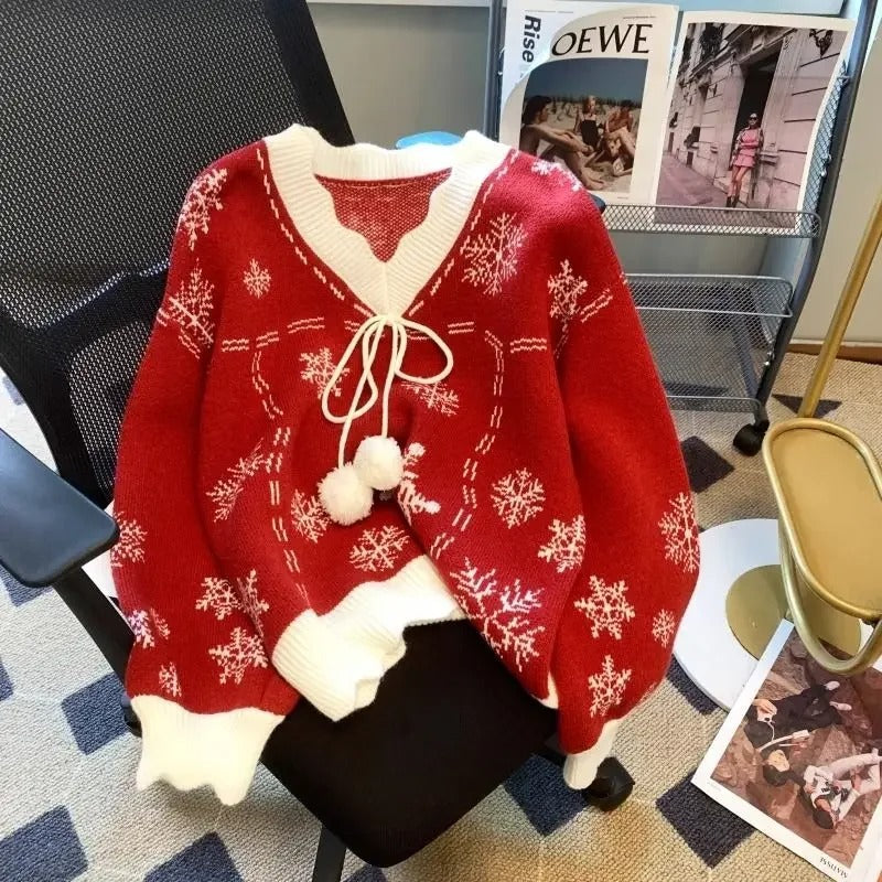 Pull de Noël pour femme à motifs de flocons de neige – Pull en maille blanc vintage avec imprimé de flocons de neige rouges