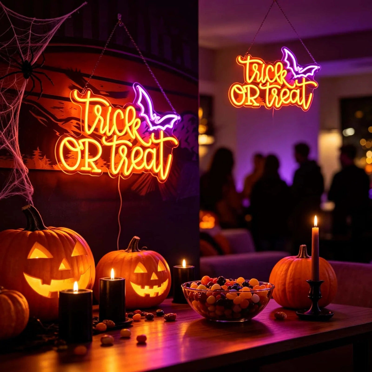 Letrero de neón LED «Trick or Treat» con murciélago, alimentado por USB – Lámpara de pared de Halloween para fiestas, el hogar y decoración festiva