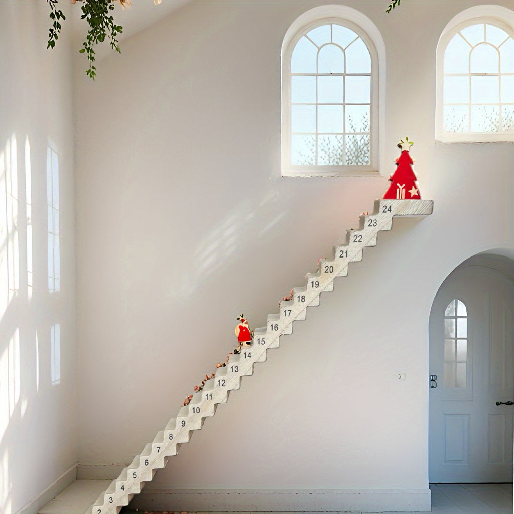 Calendar de Advent din lemn cu Moș Crăciun – Decorațiune de sărbători pentru masă, cu numărătoare inversă de 24 de zile până la Crăciun, cu Moș Crăciun urcând pe o scară