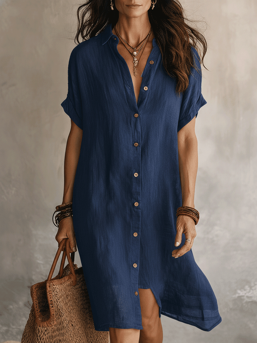Robe-chemise midi en lin et coton pour femme | Robe d'été décontractée à manches courtes et boutons | Robe de tous les jours ample et respirante