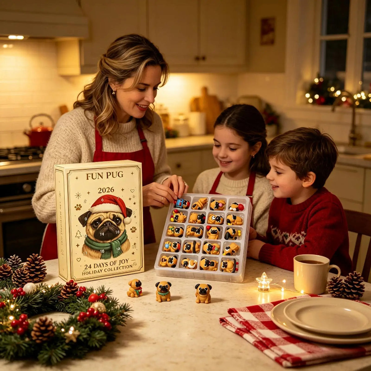 Mops-julekalender 2026 – 24 dage – mini-hundefigurer – adventskalender – festlig dekoration – festartikler – julesokker – kontor – bord – stue