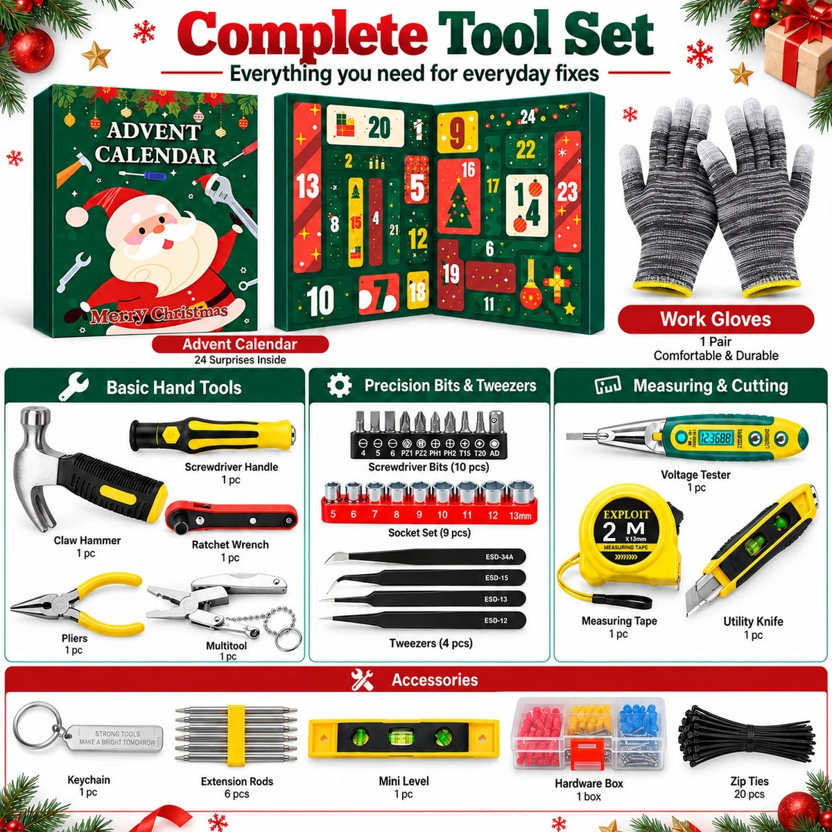 Calendrier de l'Avent de Noël pour homme 2026 – Coffret d'outils à main pour les 24 jours