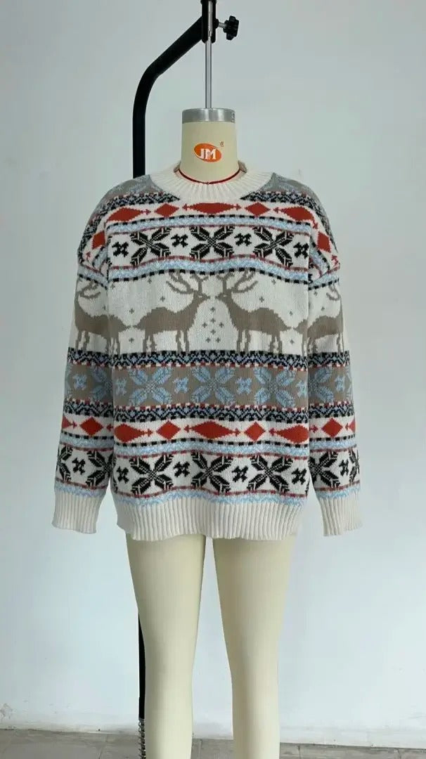 Pull de Noël oversize pour femme – Pull en maille épaisse avec motif géométrique nordique style Y2K