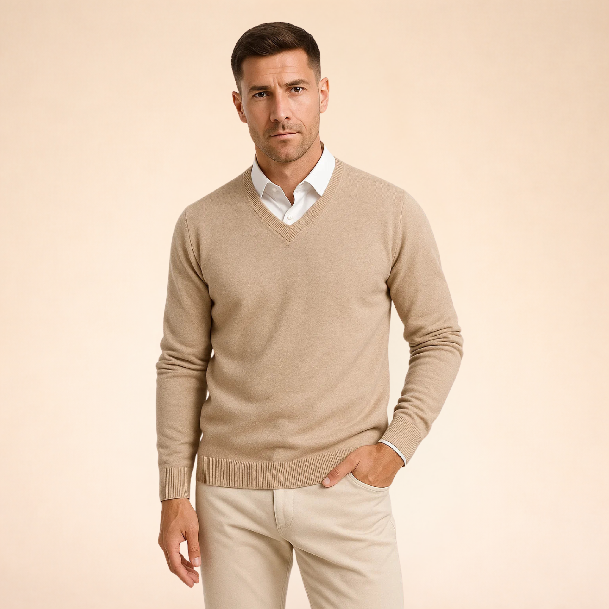 Pulover pentru bărbați cu guler în V din amestec de cașmir | Pulover cu croială slim și tricotaj fin | Pulover ușor, în stil business-casual, pentru uz zilnic