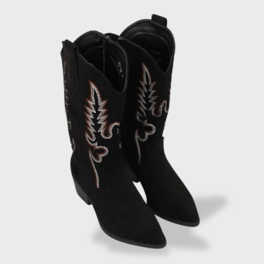 Bottes de cow-boy orthopédiques pour femme | Bottes western hautes en daim, ornées de broderies et dotées d'un talon bas en bois confortable