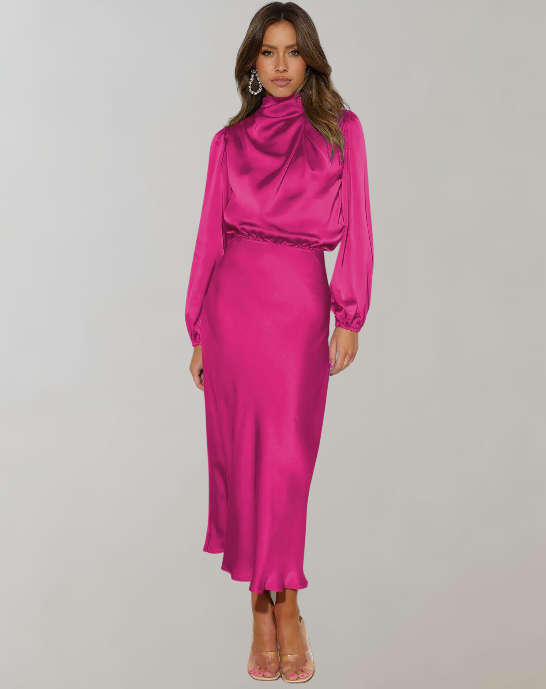 Rochie midi mulată din satin, cu mâneci lungi | Care pune în valoare silueta
