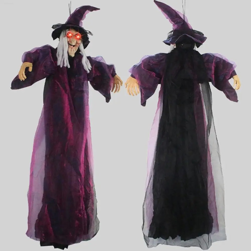 Decoración de Halloween: bruja animatrónica de tamaño real que habla, con ojos luminosos y activación por voz – Atrezo terrorífico para exteriores
