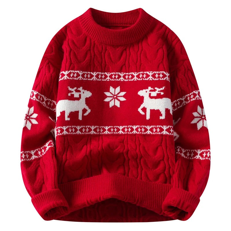 Julesweater til mænd – Vintertrøje i fletmønster med rensdyr og snefnug