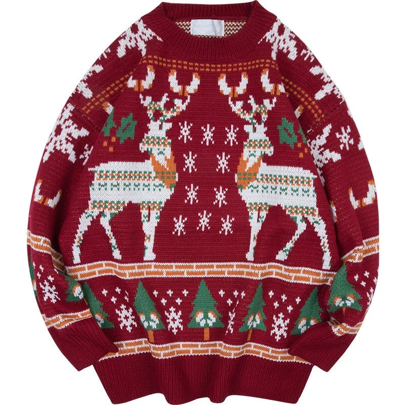 Unisex Christmas Moose Print Sweater – Long Sleeve Festive Knit Pullover