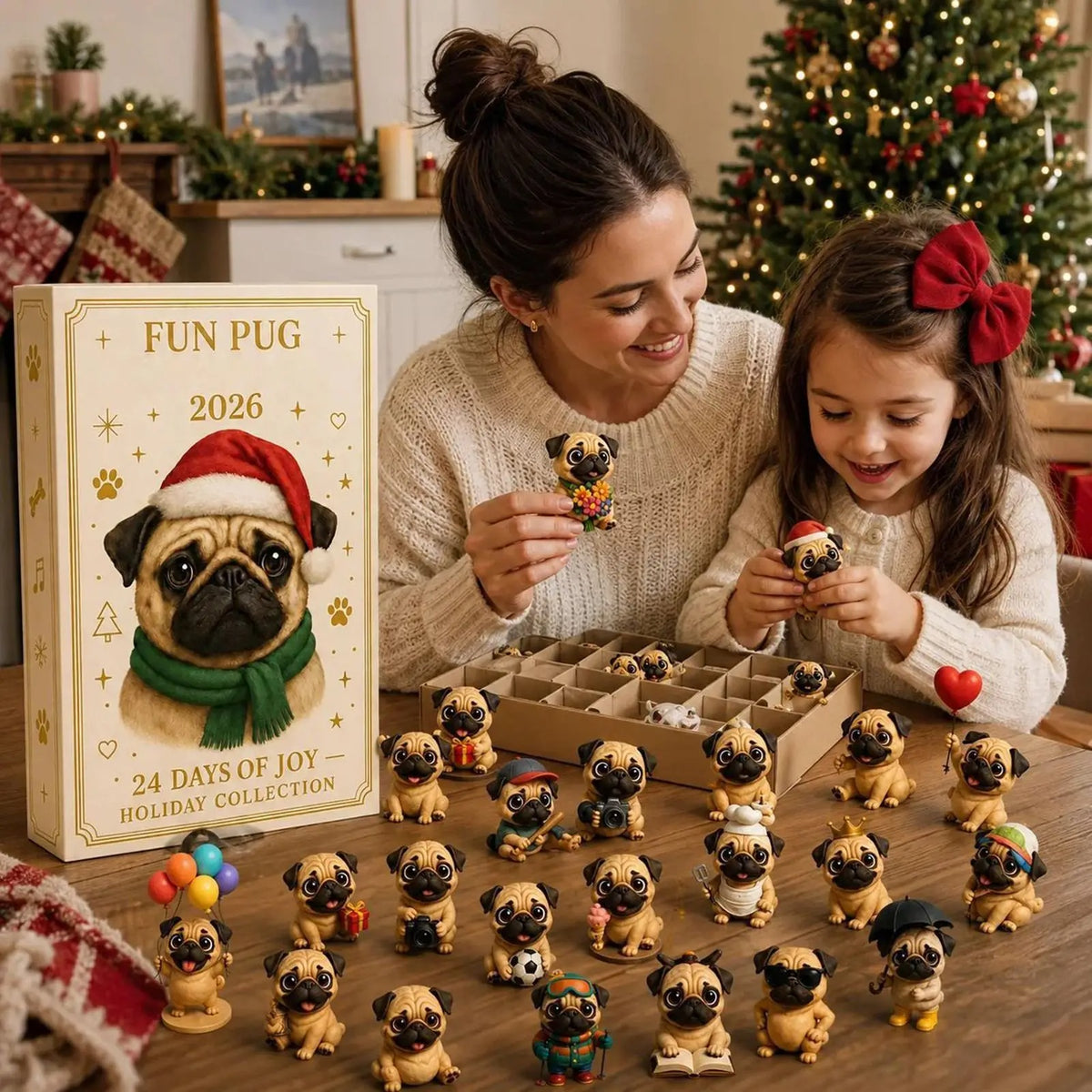 Mops-julekalender 2026 – 24 dage – mini-hundefigurer – adventskalender – festlig dekoration – festartikler – julesokker – kontor – bord – stue