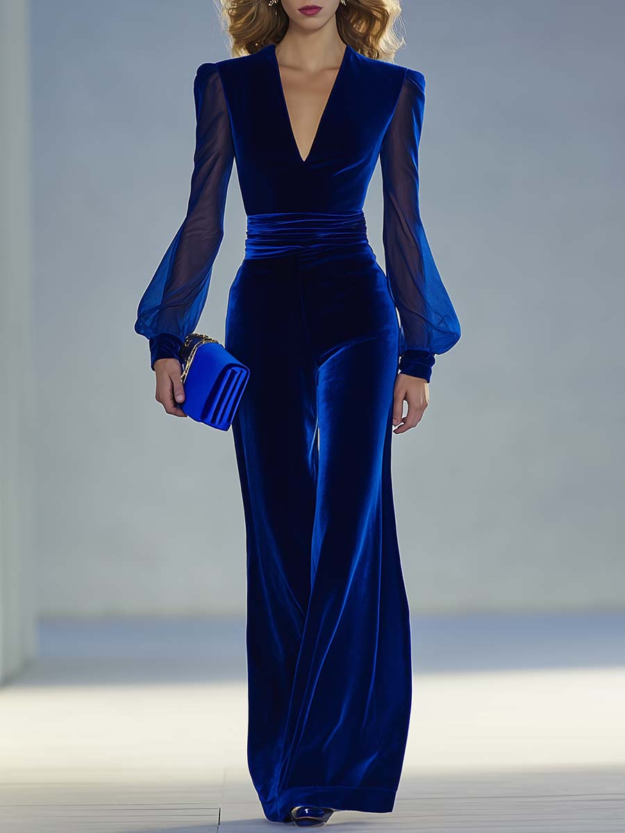 Mono de terciopelo para mujer con mangas de malla transparente | Mono de noche con cuello en V para eventos formales | Prenda de ocasión con pierna ancha
