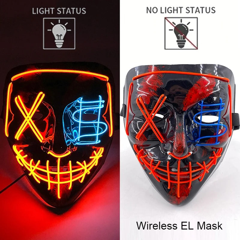 Bezdrátová neonová LED maska na pročištění – maska na Halloween a cosplay, která svítí ve tmě