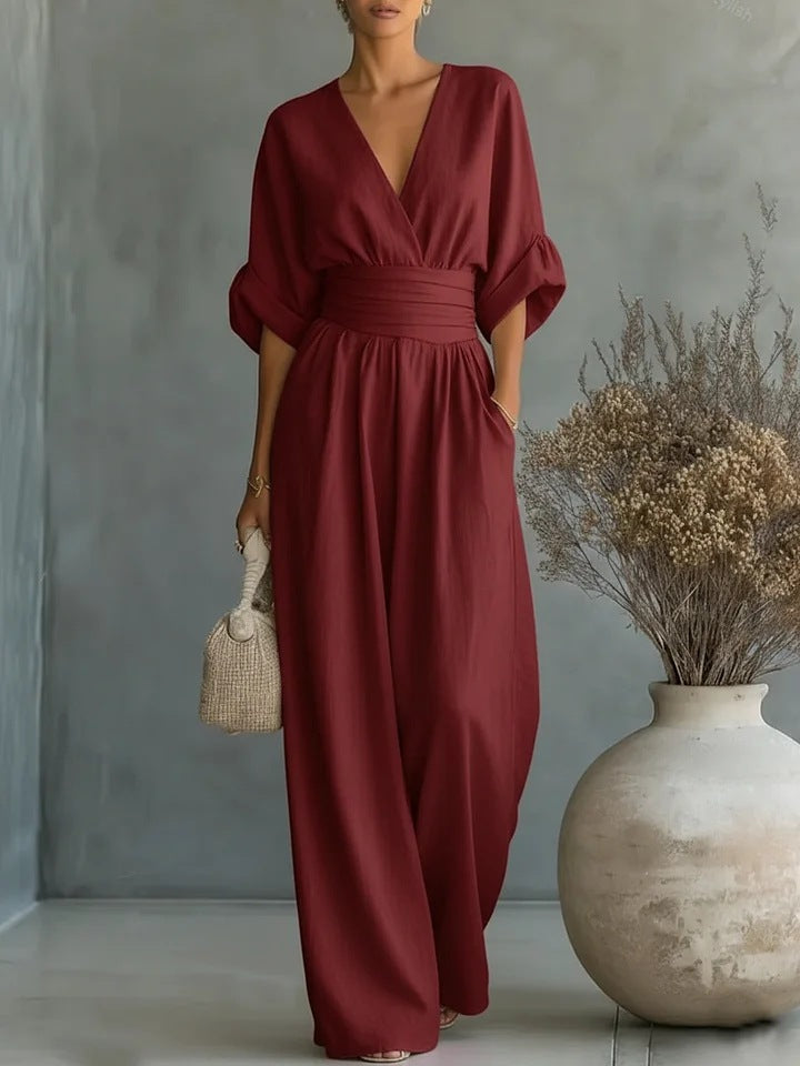 Women's V-Neck Wide Leg Jumpsuit - Lightweight Short Sleeve Fluid One-Piece with Cinched Waist for Summer and Evening Events