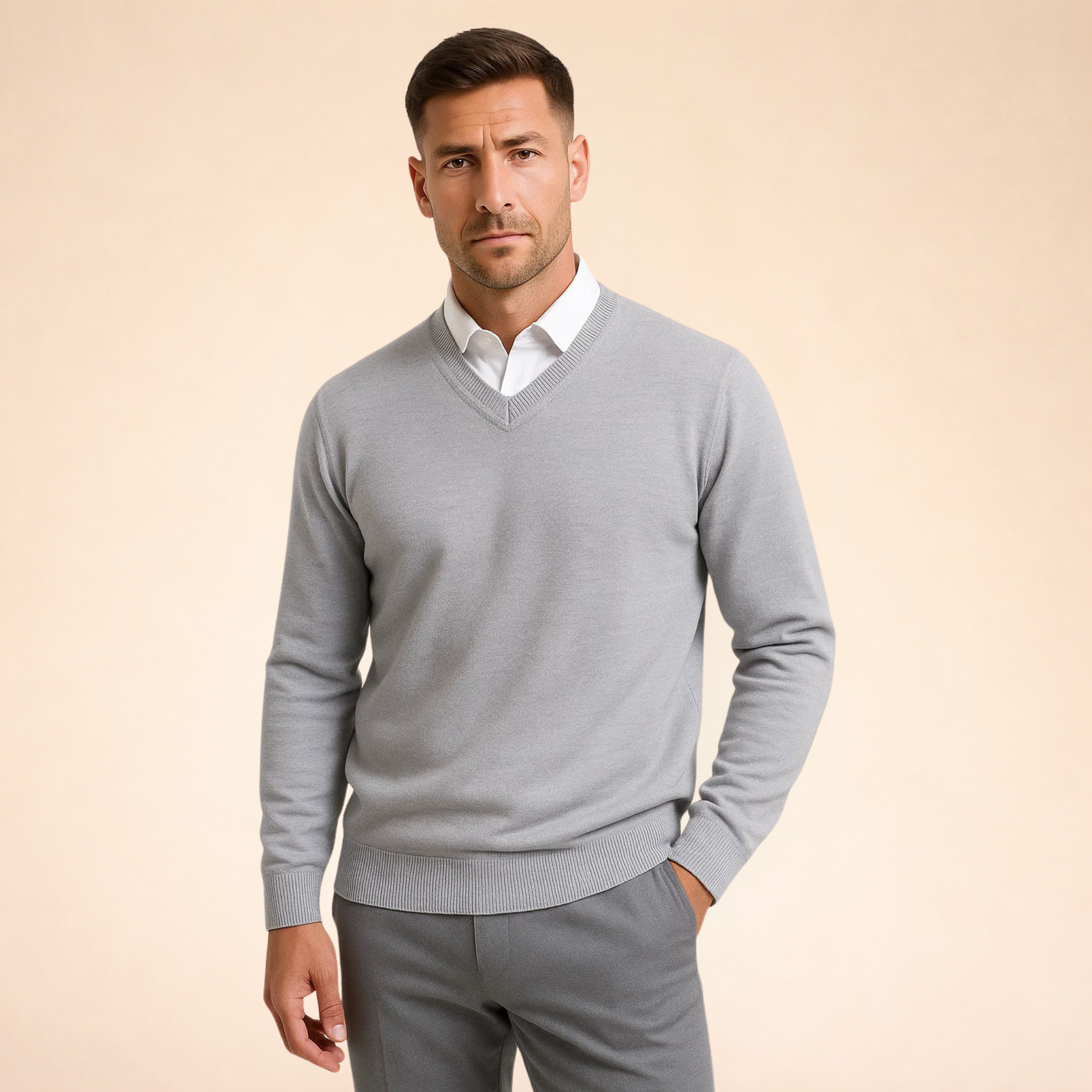 Pulover pentru bărbați cu guler în V din amestec de cașmir | Pulover cu croială slim și tricotaj fin | Pulover ușor, în stil business-casual, pentru uz zilnic