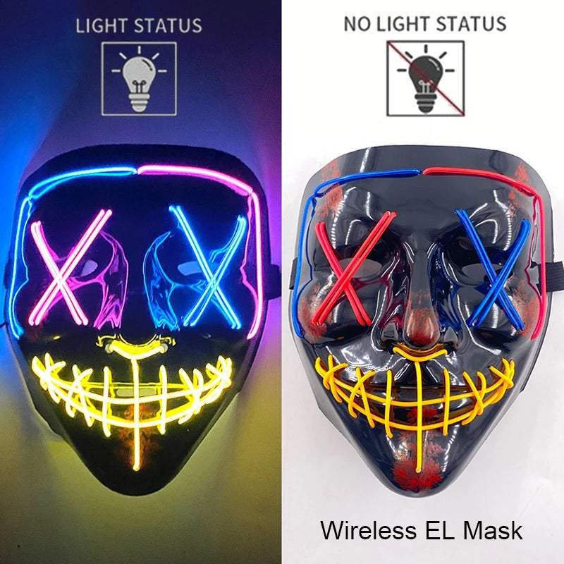 Bezdrátová neonová LED maska na pročištění – maska na Halloween a cosplay, která svítí ve tmě