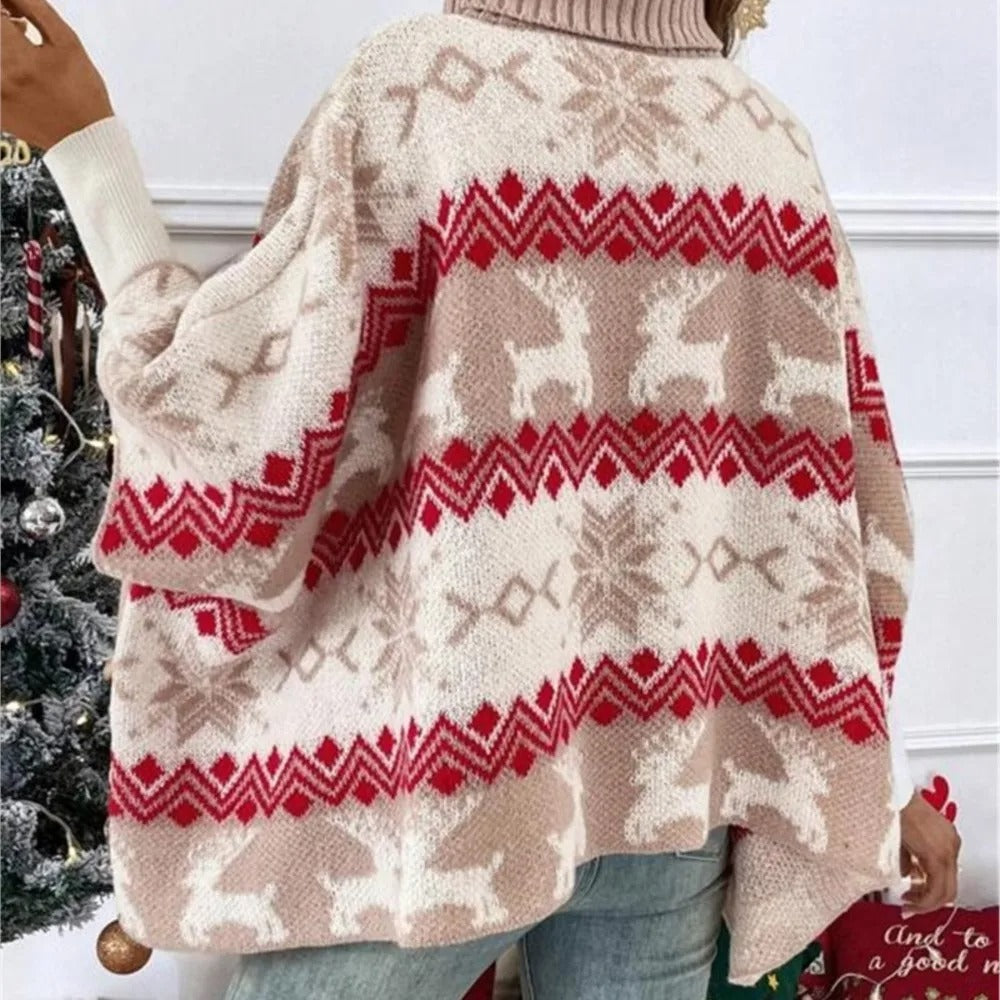 Women's Christmas Turtleneck Sweater – Loose Fit Batwing Sleeve Knit Pullover