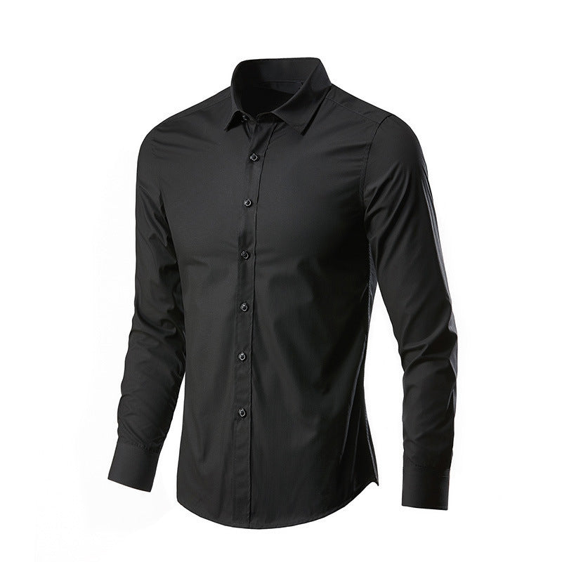 Camicia nera elegante da uomo a maniche lunghe, colletto classico, bottoni frontali. Ideale per abbigliamento formale e casual.
