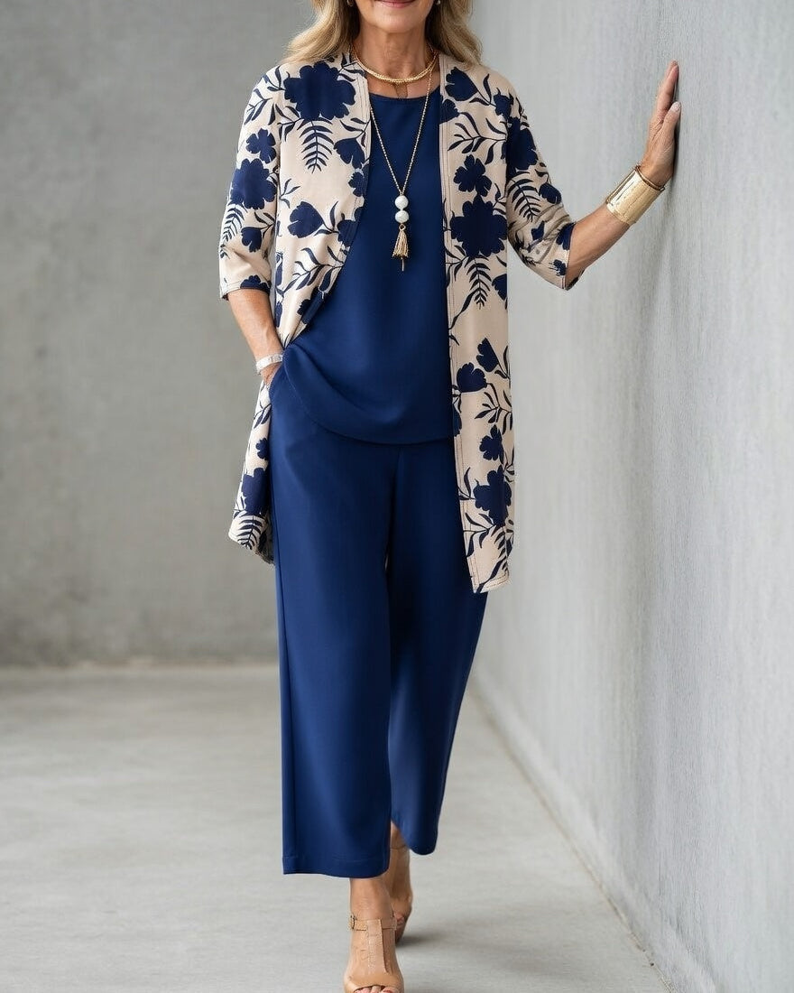 Ensemble 3 pièces pour femme comprenant un cardigan imprimé et un pantalon à jambes larges | Tenue d'été légère et ample, idéale pour les voyages et le quotidien