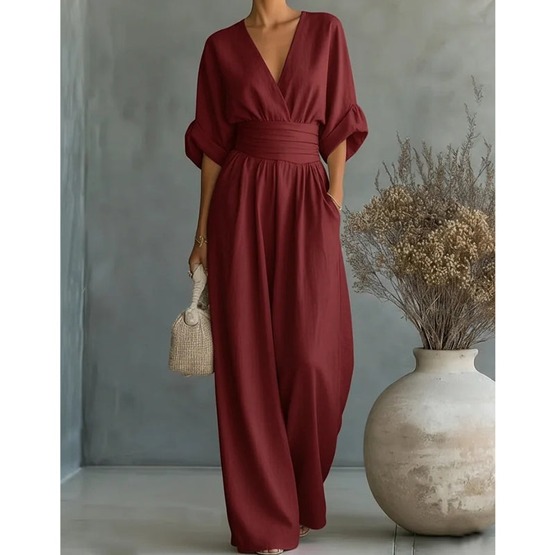Women's V-Neck Wide Leg Jumpsuit - Lightweight Short Sleeve Fluid One-Piece with Cinched Waist for Summer and Evening Events