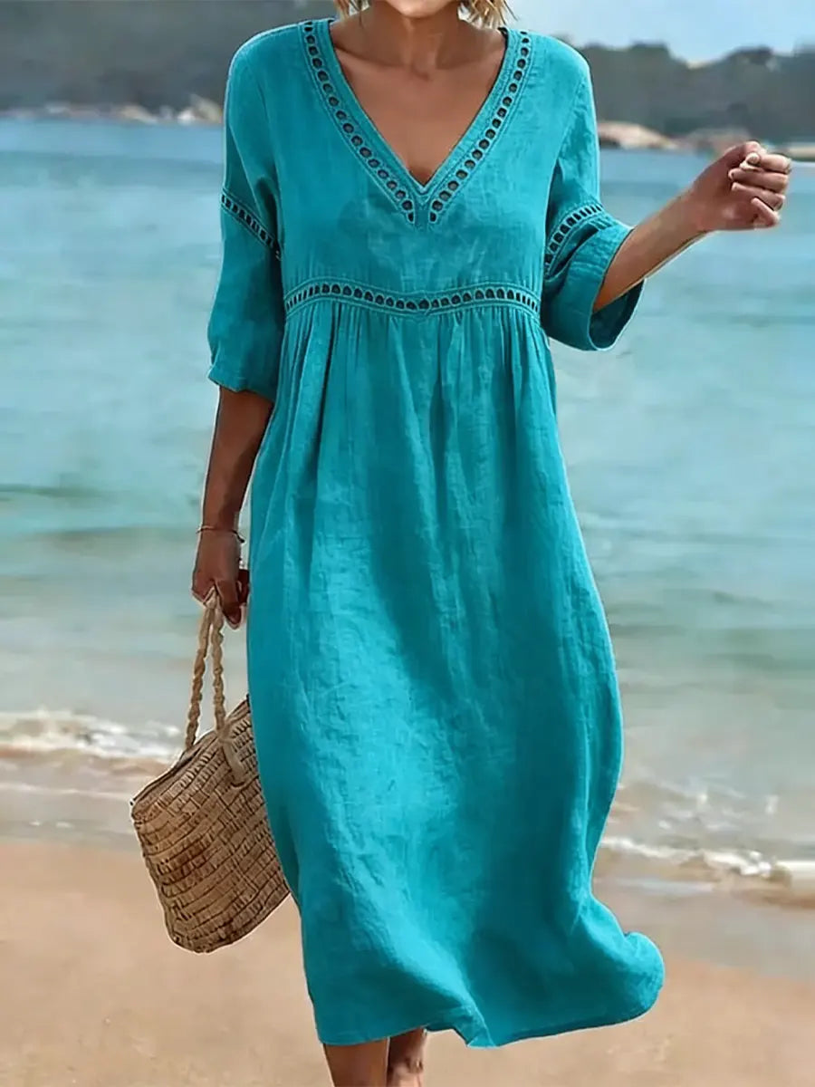 Women's 100% Cotton V-Neck Summer Dress | Lightweight Short Sleeve Midi Dress with Pockets | Casual Relaxed Fit Day Dress