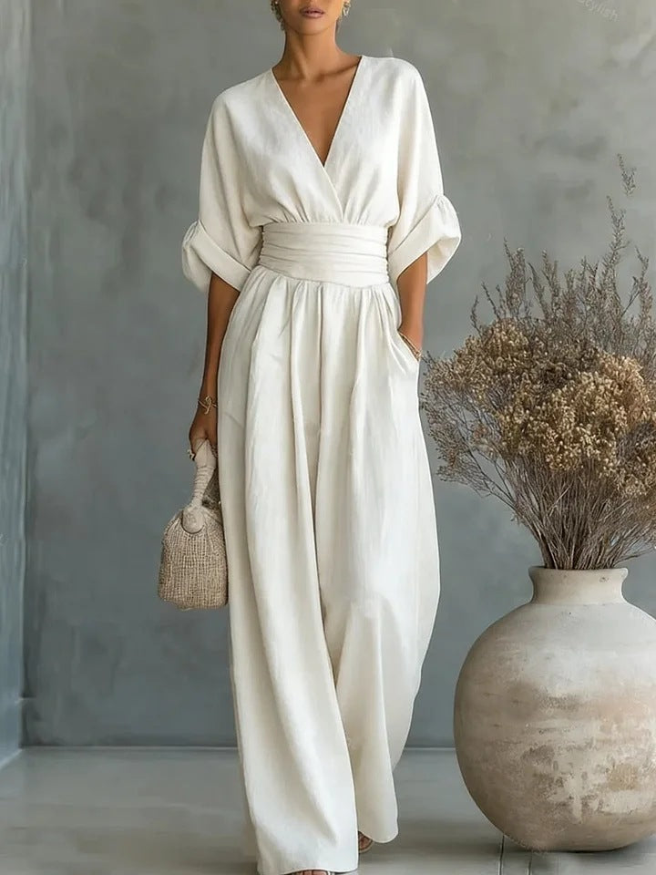 Women's V-Neck Wide Leg Jumpsuit - Lightweight Short Sleeve Fluid One-Piece with Cinched Waist for Summer and Evening Events