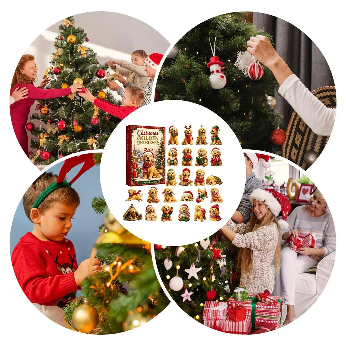 Calendar de Advent pentru Crăciun 2026 – Pandantiv drăguț cu un Golden Retriever american – Calendar cu numărătoare inversă de 24 de zile – Pandantiv cu un câine în formă de brad de Crăciun 2D