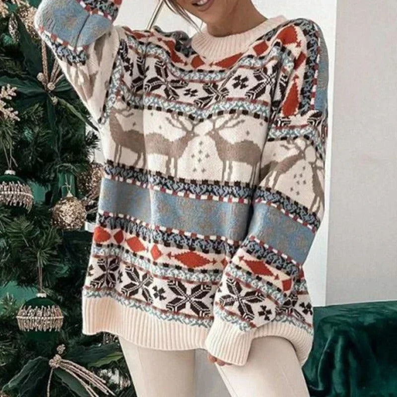 Pull de Noël oversize pour femme – Pull en maille épaisse avec motif géométrique nordique style Y2K