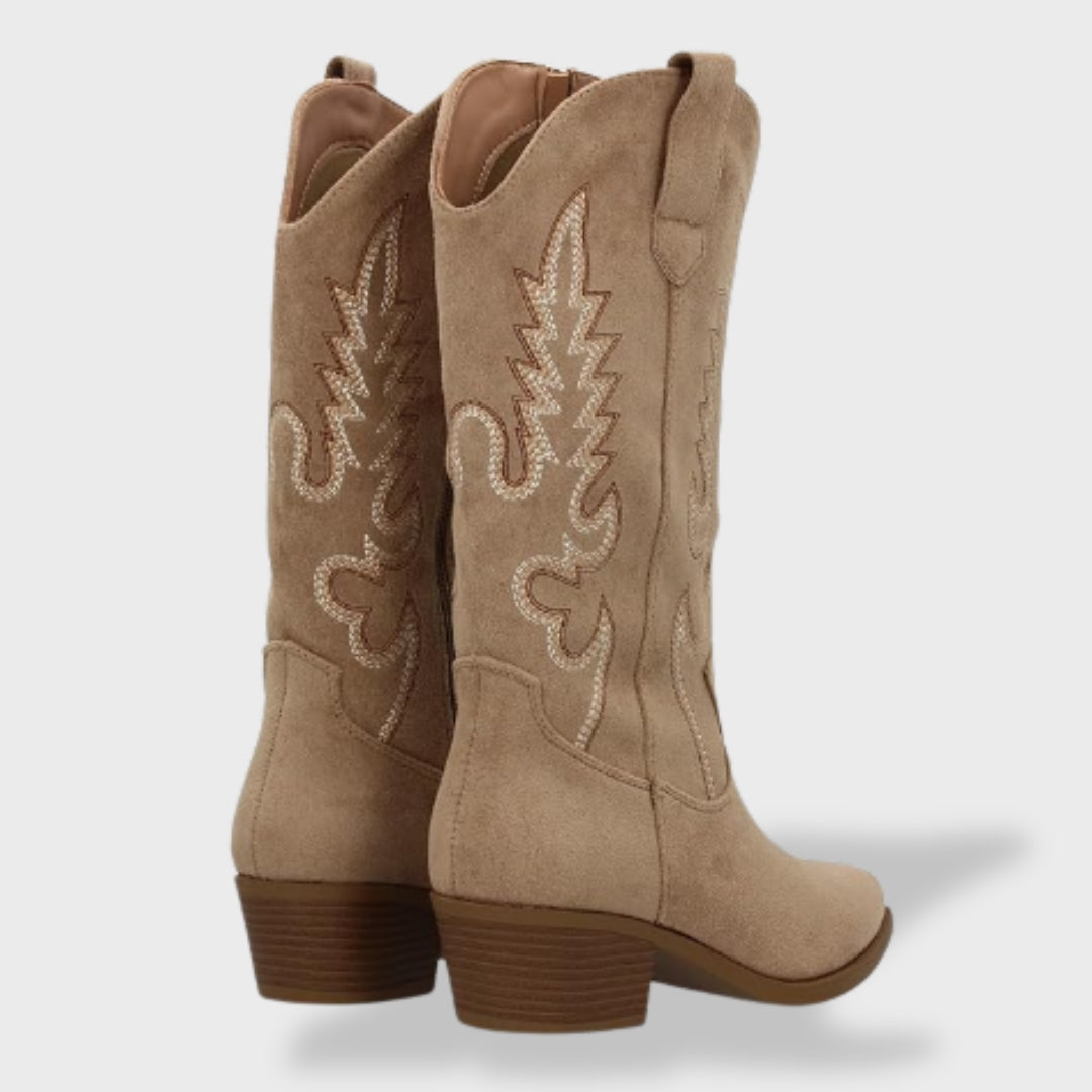 Bottes de cow-boy orthopédiques pour femme | Bottes western hautes en daim, ornées de broderies et dotées d'un talon bas en bois confortable