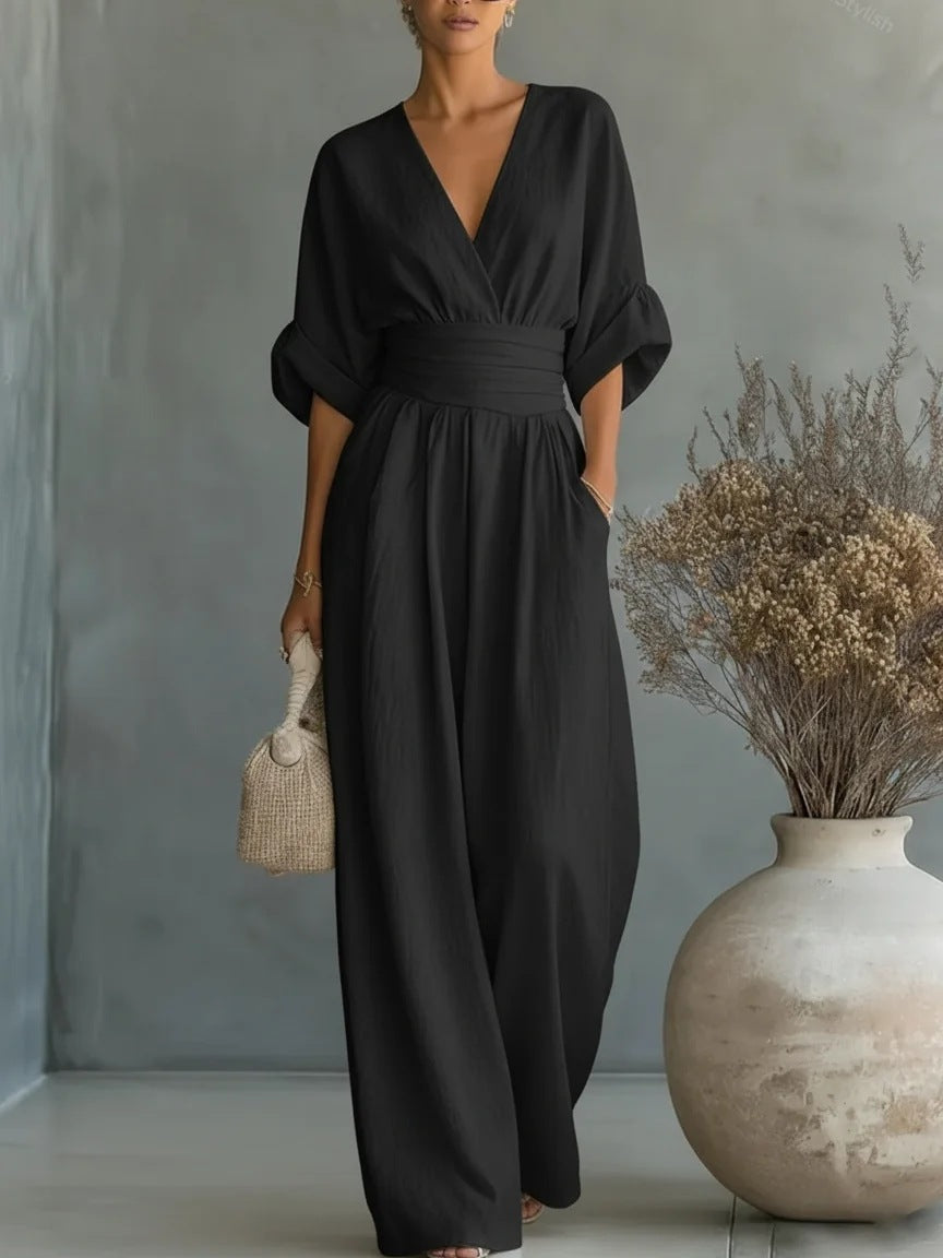 Women's V-Neck Wide Leg Jumpsuit - Lightweight Short Sleeve Fluid One-Piece with Cinched Waist for Summer and Evening Events