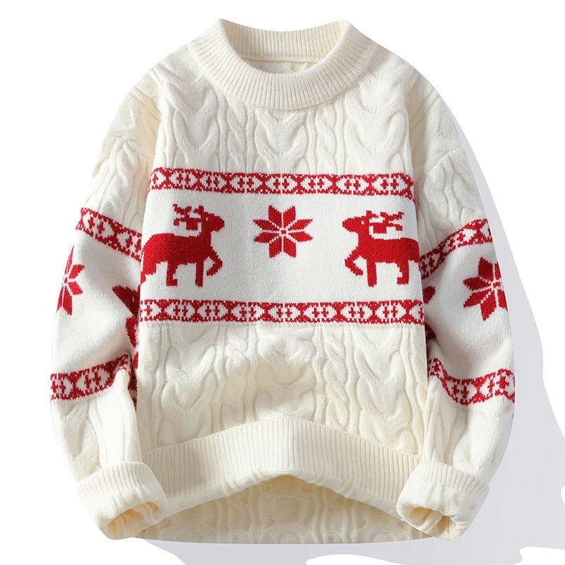 Julesweater til mænd – Vintertrøje i fletmønster med rensdyr og snefnug