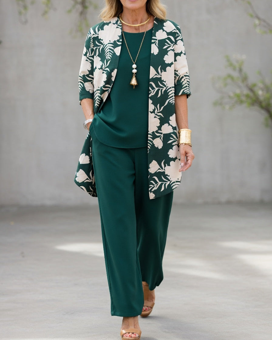 Ensemble 3 pièces pour femme comprenant un cardigan imprimé et un pantalon à jambes larges | Tenue d'été légère et ample, idéale pour les voyages et le quotidien