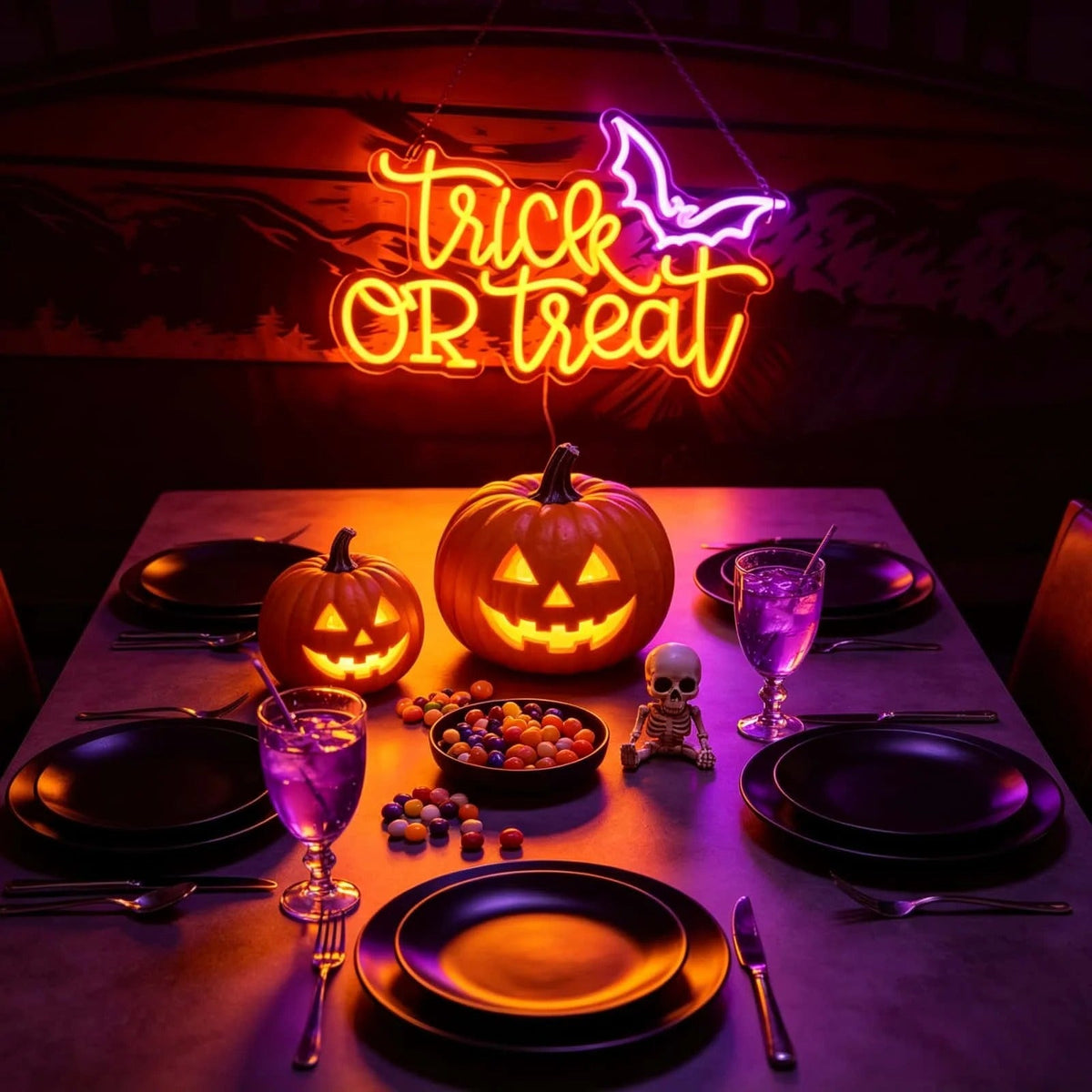 Letrero de neón LED «Trick or Treat» con murciélago, alimentado por USB – Lámpara de pared de Halloween para fiestas, el hogar y decoración festiva