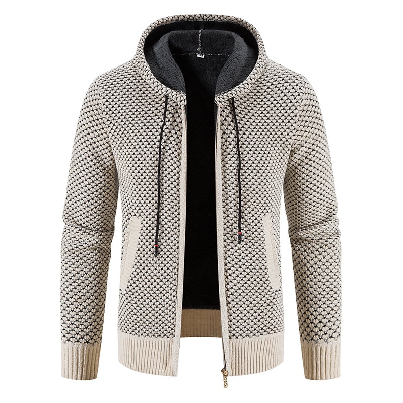 Giacca in maglia beige con cappuccio, motivo a rombi, chiusura a zip, tasche laterali, ideale per moda autunno inverno uomo.