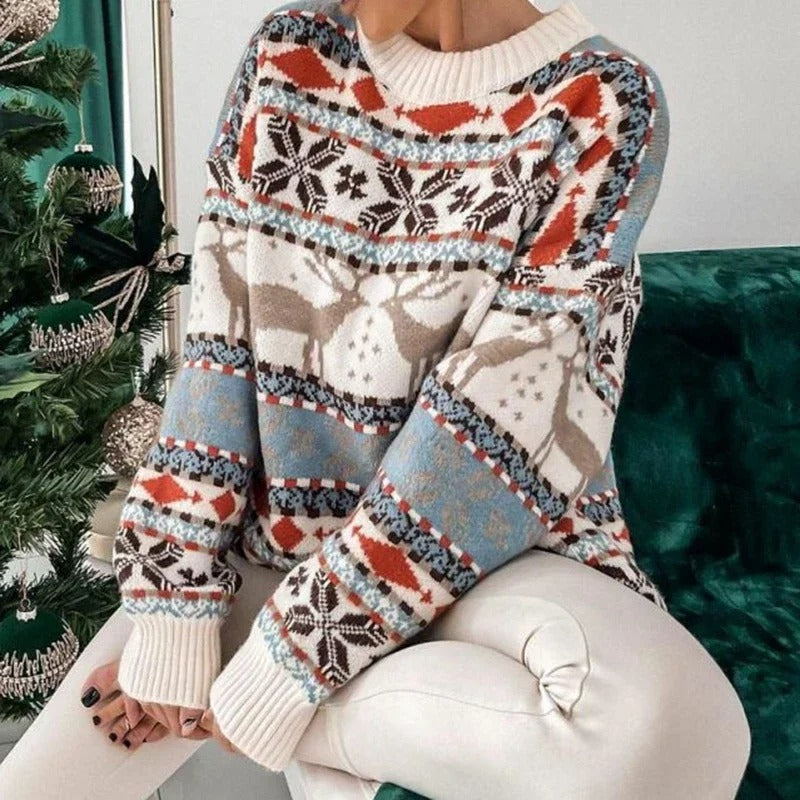 Pull de Noël oversize pour femme – Pull en maille épaisse avec motif géométrique nordique style Y2K