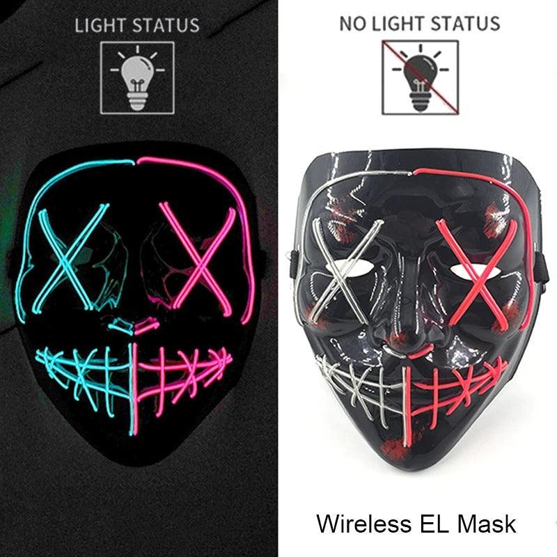 Bezdrátová neonová LED maska na pročištění – maska na Halloween a cosplay, která svítí ve tmě