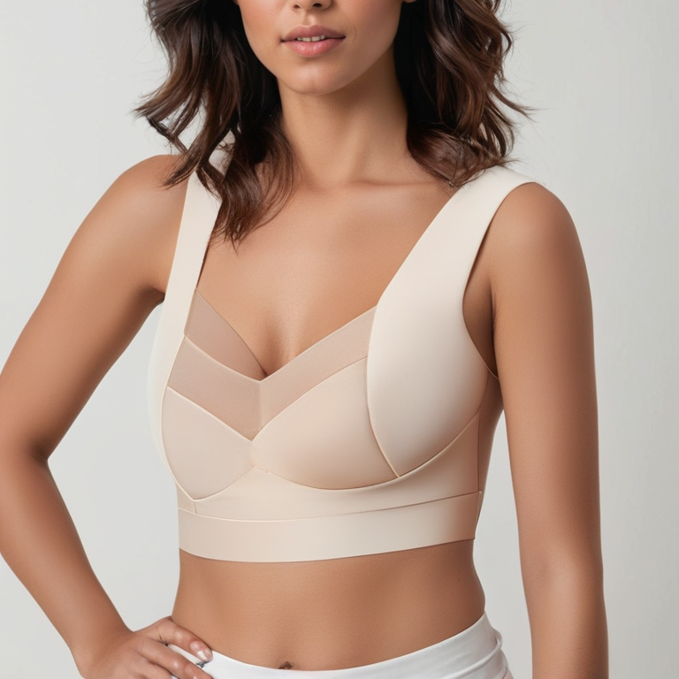 Modella indossa reggiseno sportivo beige, design moderno e confortevole, perfetto per attività fisica. Intimo donna, moda fitness, abbigliamento sportivo.