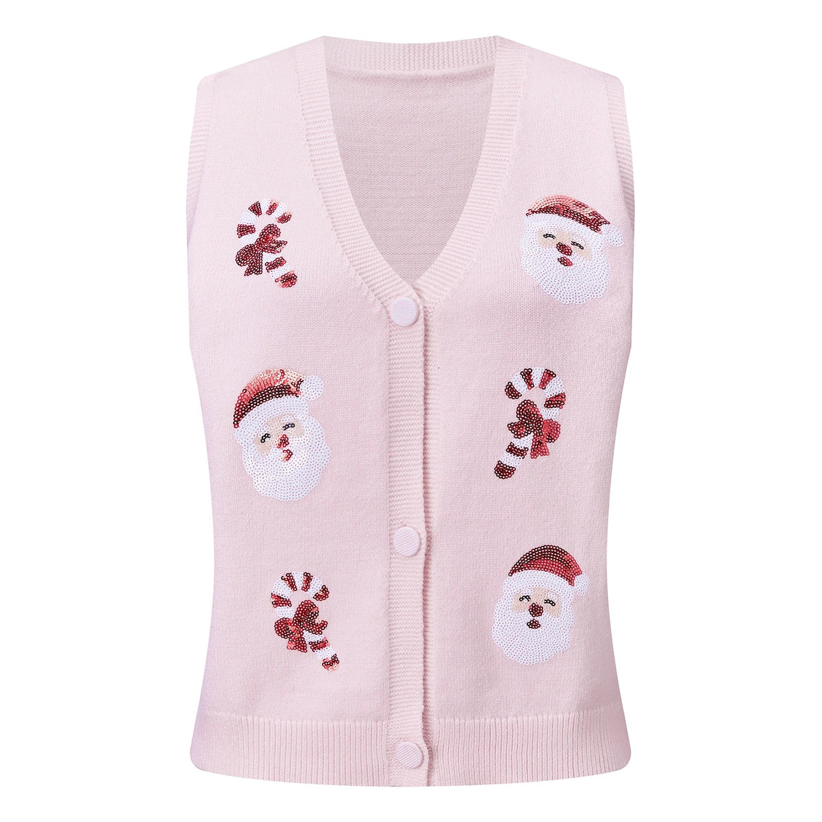 Gilet de Noël pour femme – Cardigan festif à boutons, orné de paillettes représentant des bonhommes en pain d'épices et des cannes à sucre
