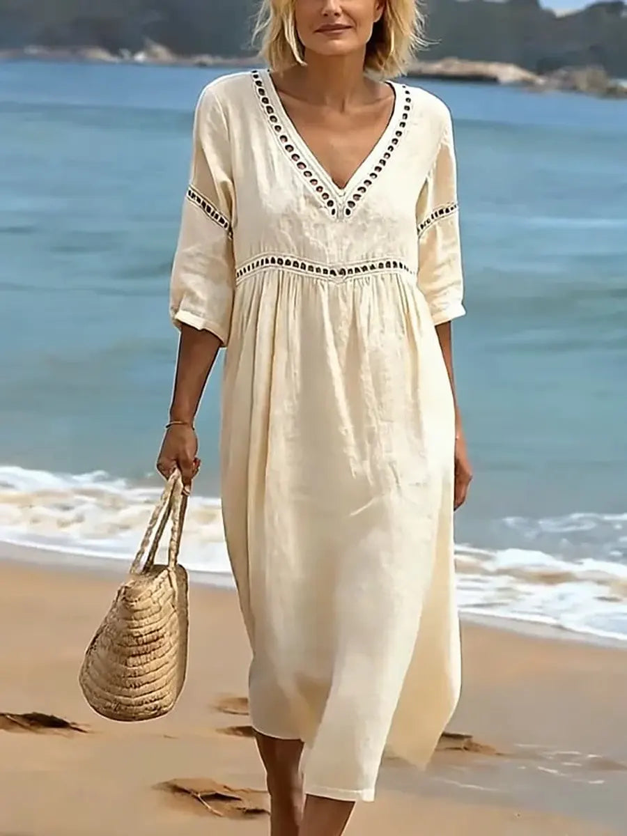 Women's 100% Cotton V-Neck Summer Dress | Lightweight Short Sleeve Midi Dress with Pockets | Casual Relaxed Fit Day Dress