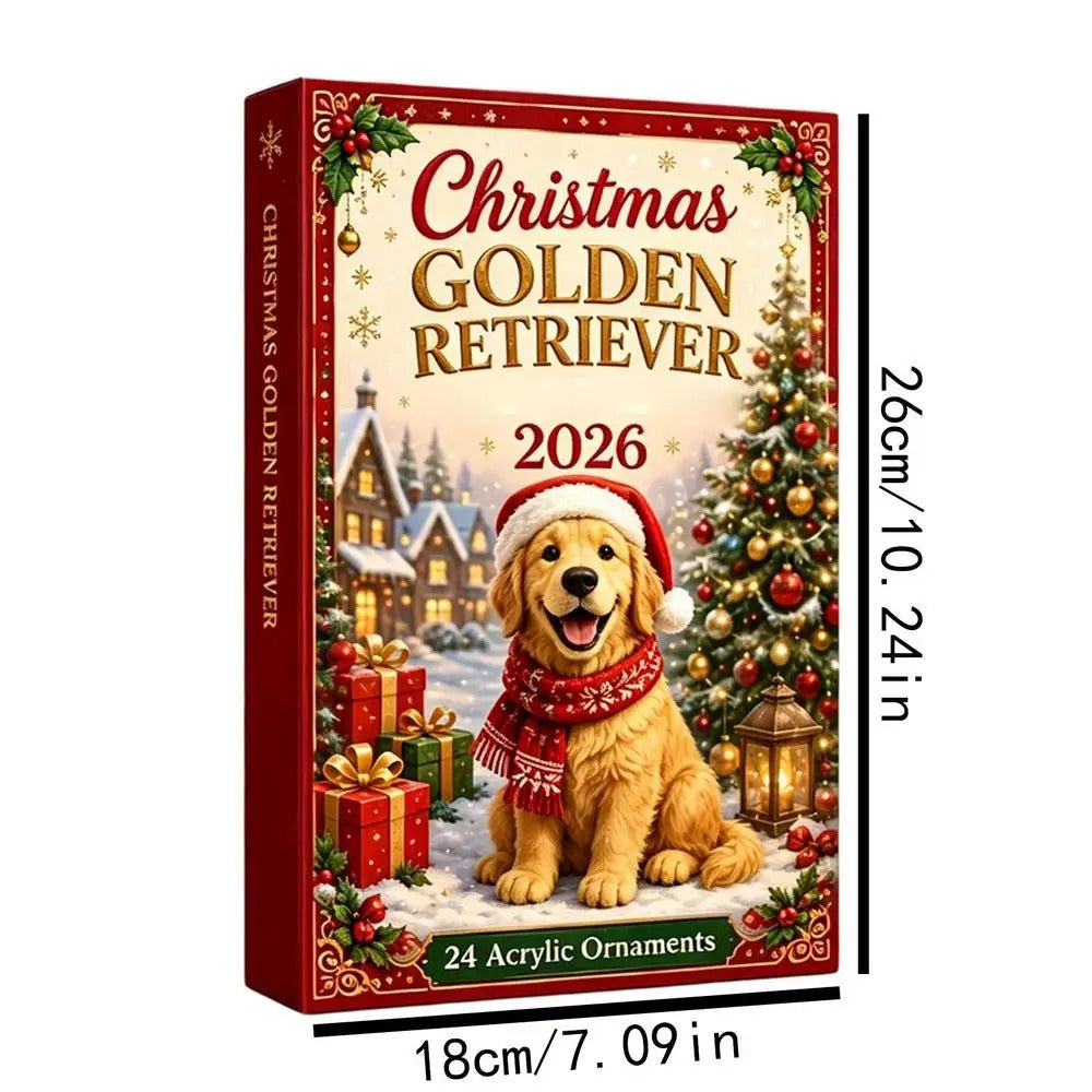 Calendar de Advent pentru Crăciun 2026 – Pandantiv drăguț cu un Golden Retriever american – Calendar cu numărătoare inversă de 24 de zile – Pandantiv cu un câine în formă de brad de Crăciun 2D
