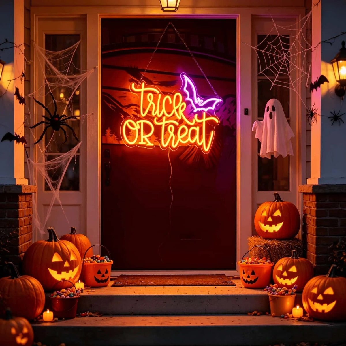 Letrero de neón LED «Trick or Treat» con murciélago, alimentado por USB – Lámpara de pared de Halloween para fiestas, el hogar y decoración festiva
