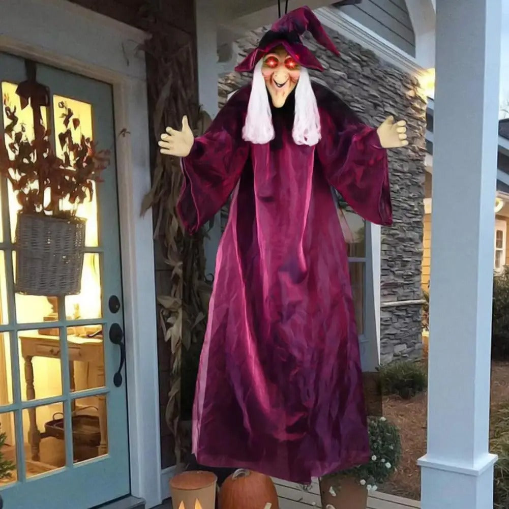 Decoración de Halloween: bruja animatrónica de tamaño real que habla, con ojos luminosos y activación por voz – Atrezo terrorífico para exteriores
