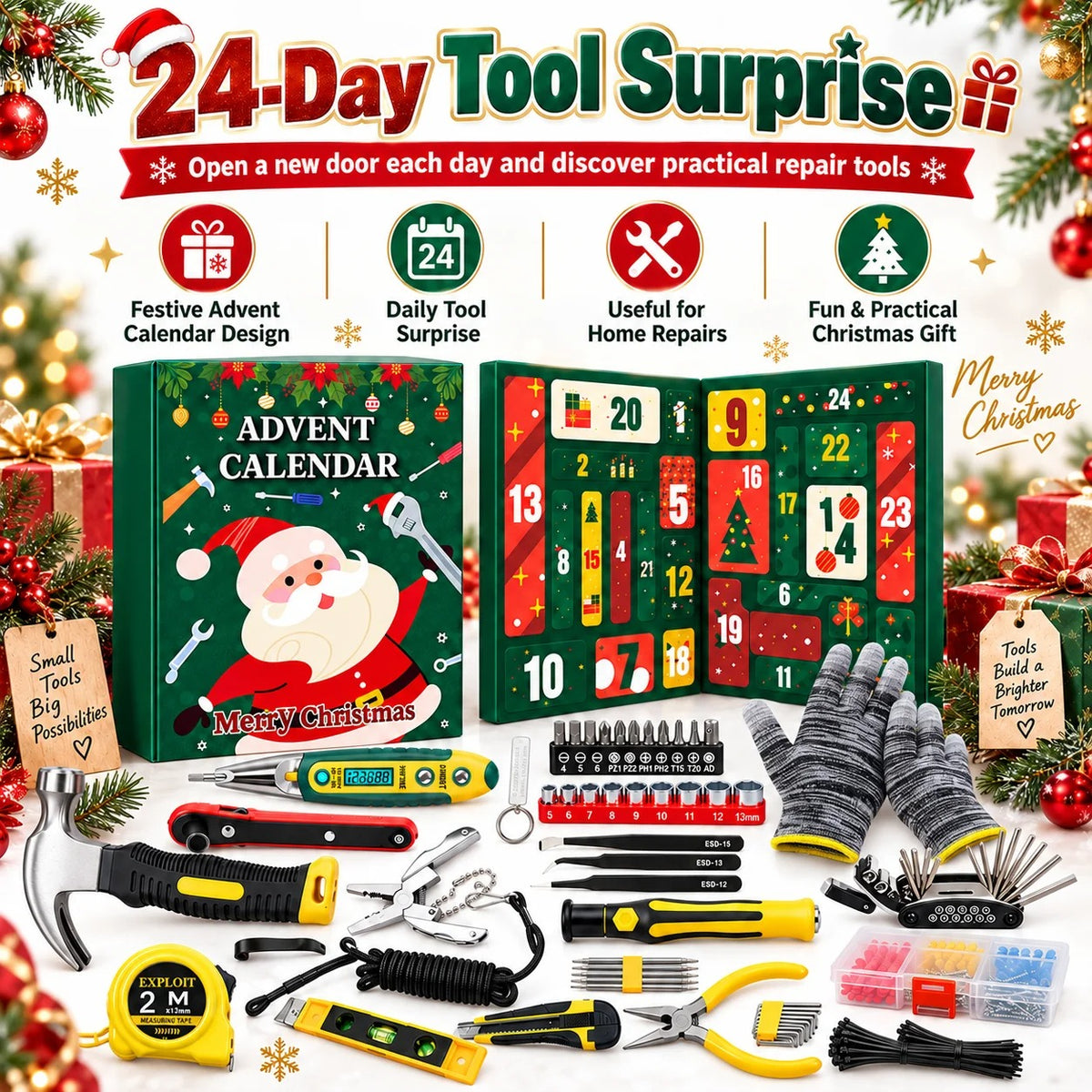 Calendrier de l'Avent de Noël pour homme 2026 – Coffret d'outils à main pour les 24 jours