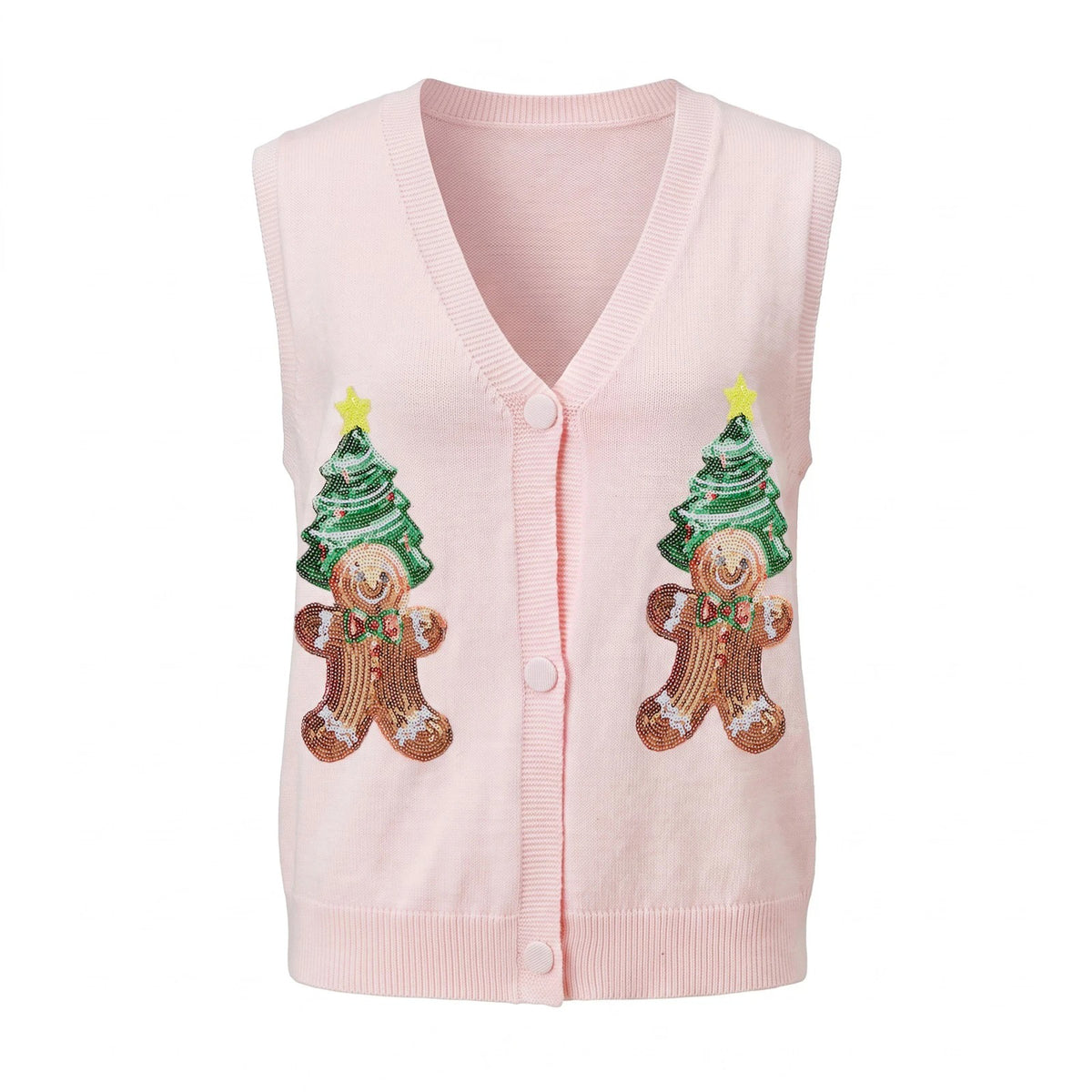 Gilet de Noël pour femme – Cardigan festif à boutons, orné de paillettes représentant des bonhommes en pain d'épices et des cannes à sucre