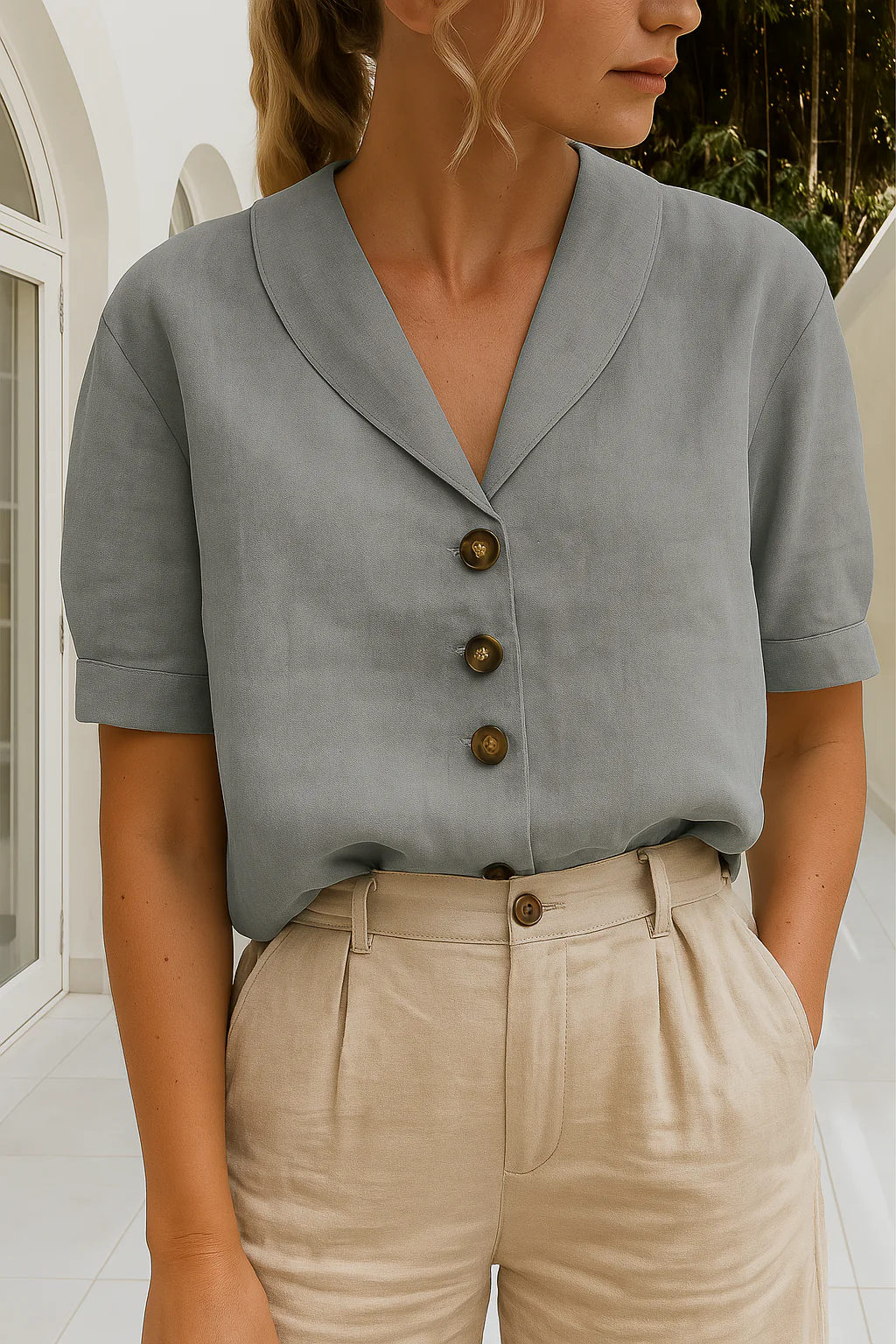 Lena - Women’s Blouse with Scarf Collar and Front Button Closure