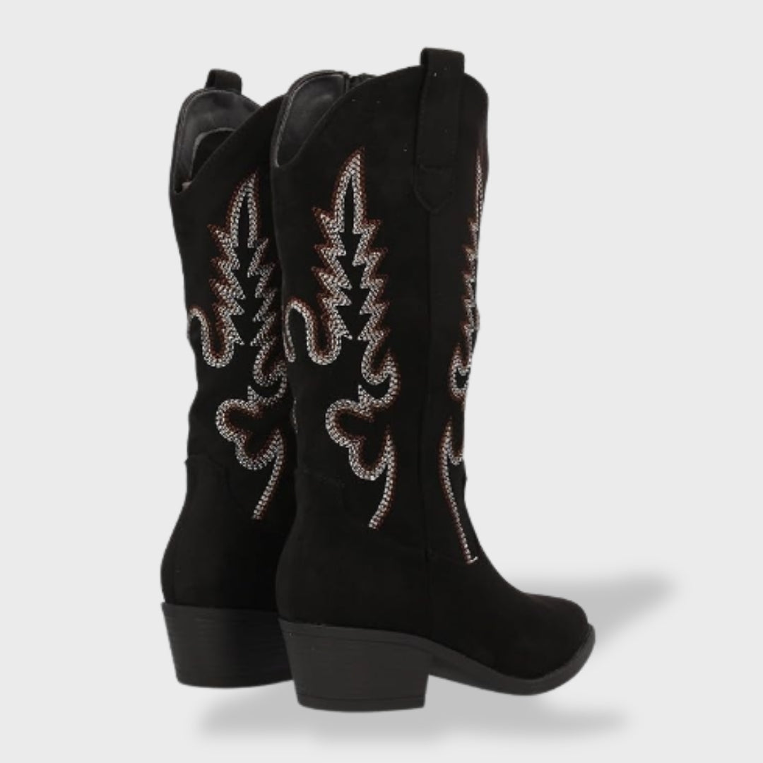 Bottes de cow-boy orthopédiques pour femme | Bottes western hautes en daim, ornées de broderies et dotées d'un talon bas en bois confortable